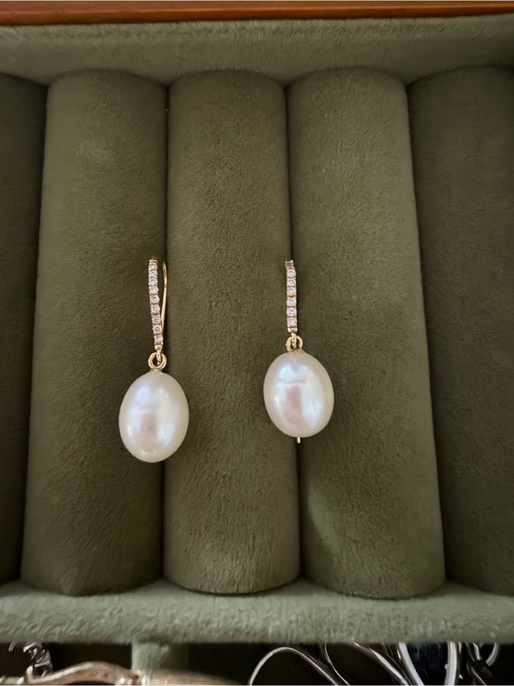 Gold Pearl Drop Earrings with Pavé Accents - White Pearl